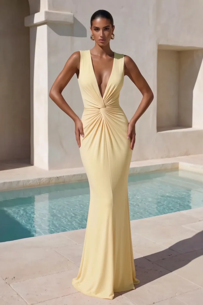 Elegant butter yellow beach wedding guest dress, V-neck with ruched waist detail, styled with gold jewelry for sophisticated coastal wedding aesthetic