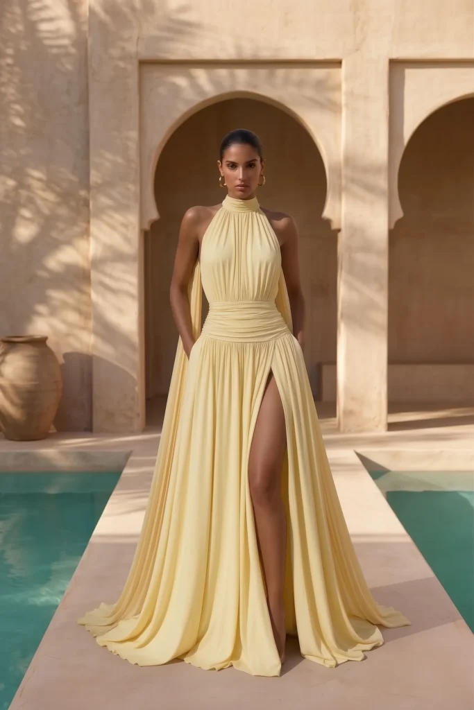 Elegant butter yellow classy wedding guest dress, sleeveless halter top with pleated bodice, fitted waistband and flowing maxi skirt, styled with metallic earrings for occasion aesthetic