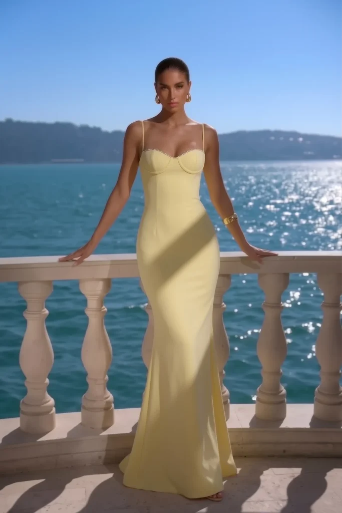 Elegant butter yellow cocktail wedding guest dress, sleek floor-length silhouette with delicate straps, styled with statement gold earrings for refined evening aesthetic