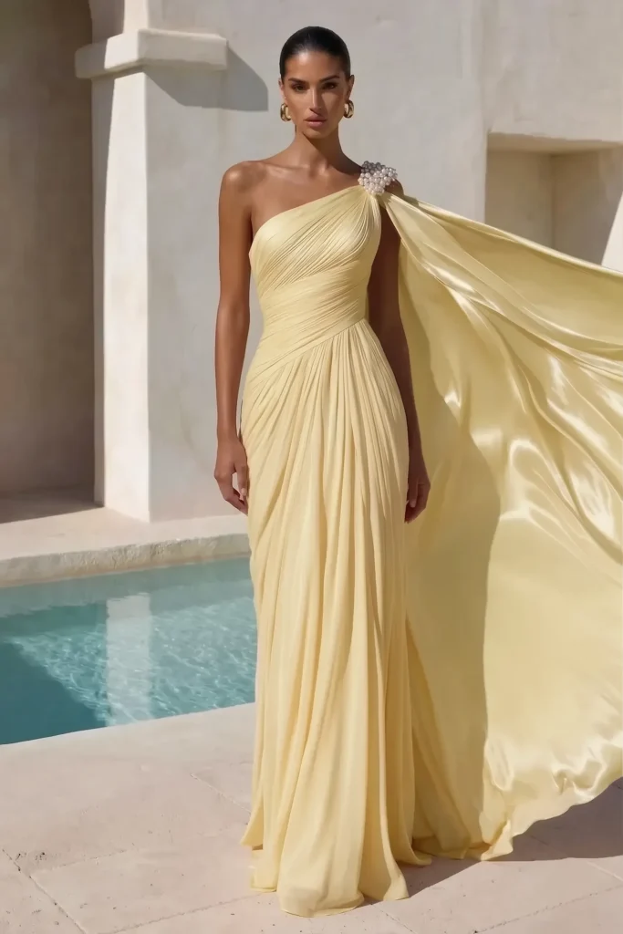 Elegant butter yellow formal wedding guest dress, asymmetric neckline with  shoulder cape and  embellishment, floor-length skirt, styled with statement gold earrings for sophisticated formal aesthetic