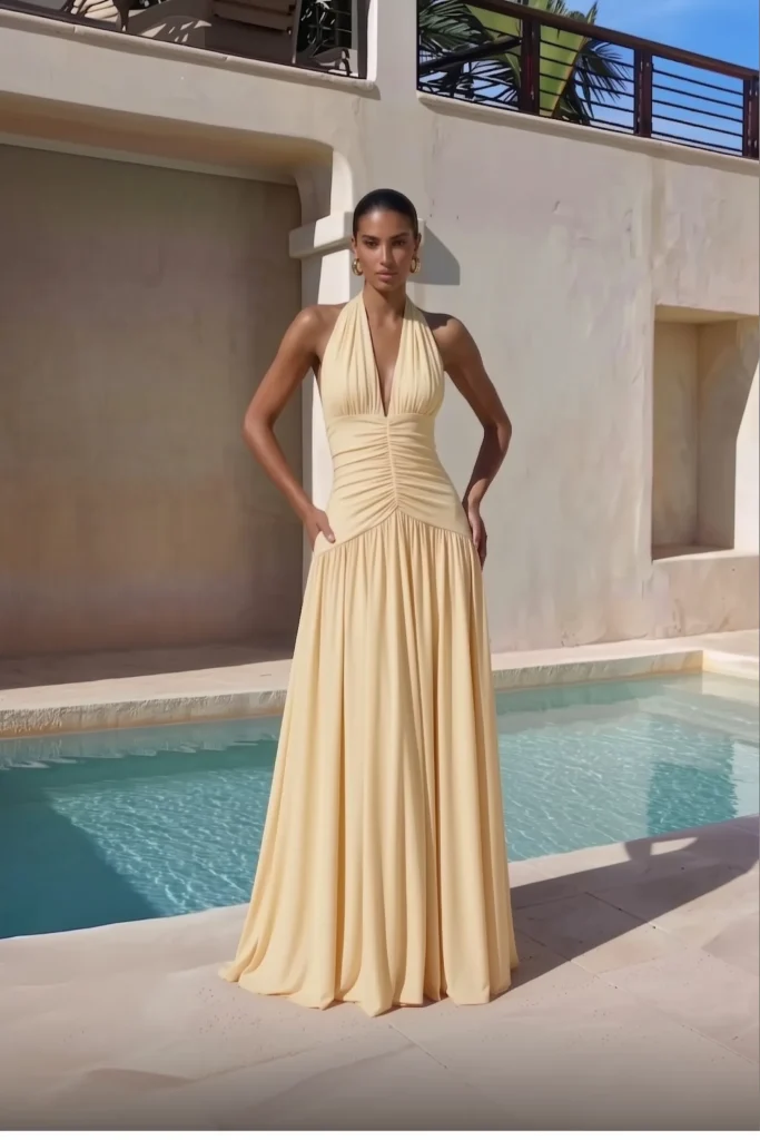Elegant butter yellow garden wedding guest dress, halter neckline with gathered fabric detail, cinched ruched waist and maxi skirt, styled with gold earrings for sophisticated spring aesthetic