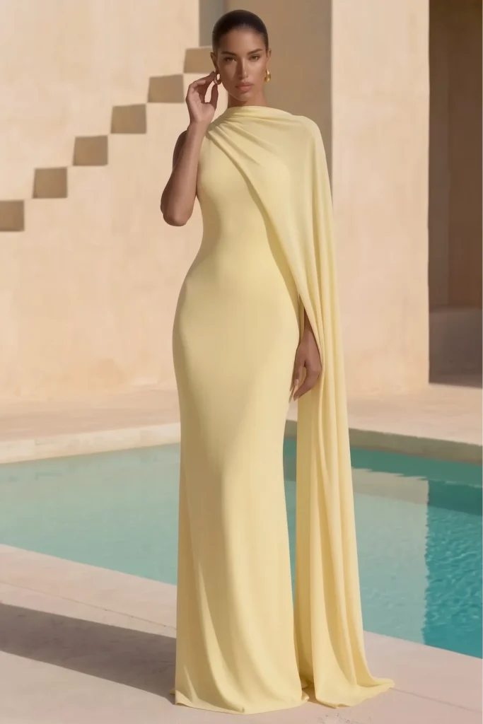 Elegant butter yellow pastel wedding guest dress, sleeveless fitted bodice with draped shoulder cape, styled with statement gold earrings for wedding aesthetic
