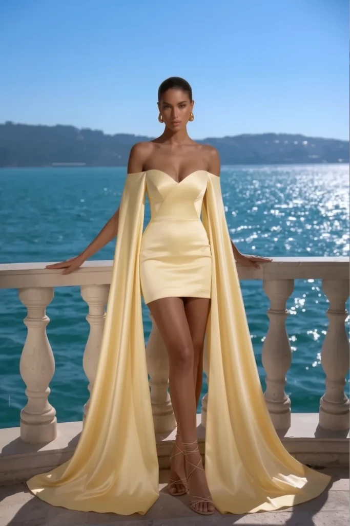 Elegant butter yellow short wedding guest dress, fitted satin mini with flowing cape sleeves, styled with statement gold earrings and metallic lace-up sandals for sophisticated cocktail aesthetic