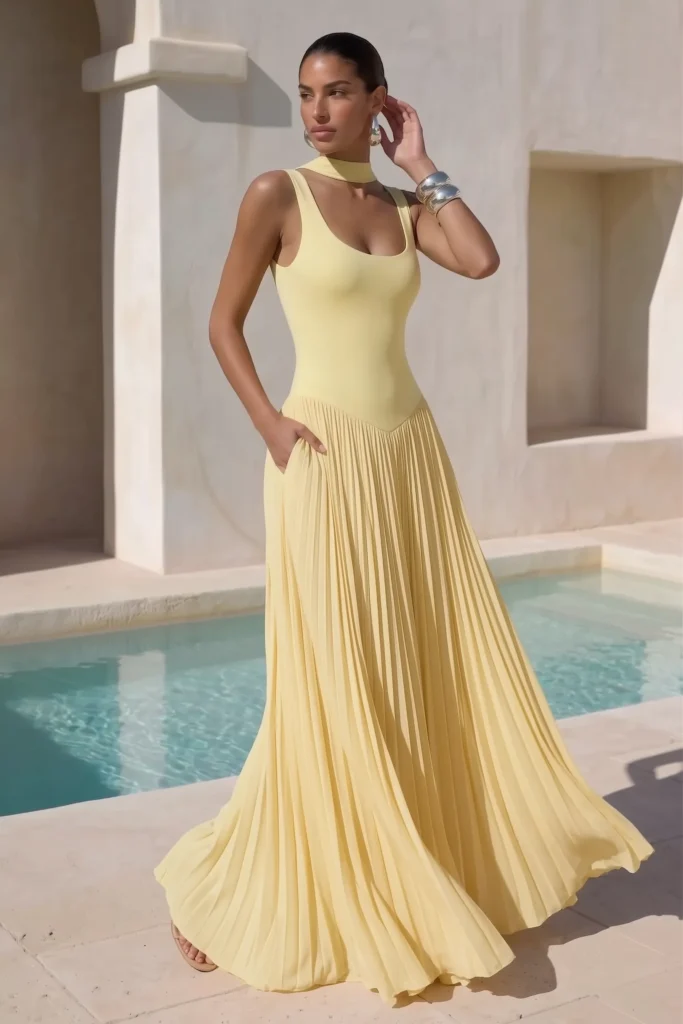 Elegant butter yellow spring wedding guest dress, scoop neck sleeveless top with collar detail and flowing pleated maxi skirt, styled with jewelry for sophisticated wedding aesthetic