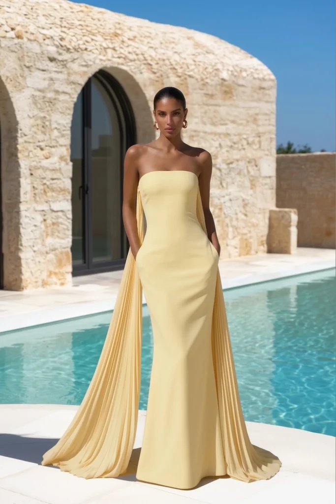 Elegant butter yellow summer wedding guest dress, sleek strapless column gown with flowing side panels, styled with gold earrings for refined contemporary wedding aesthetic