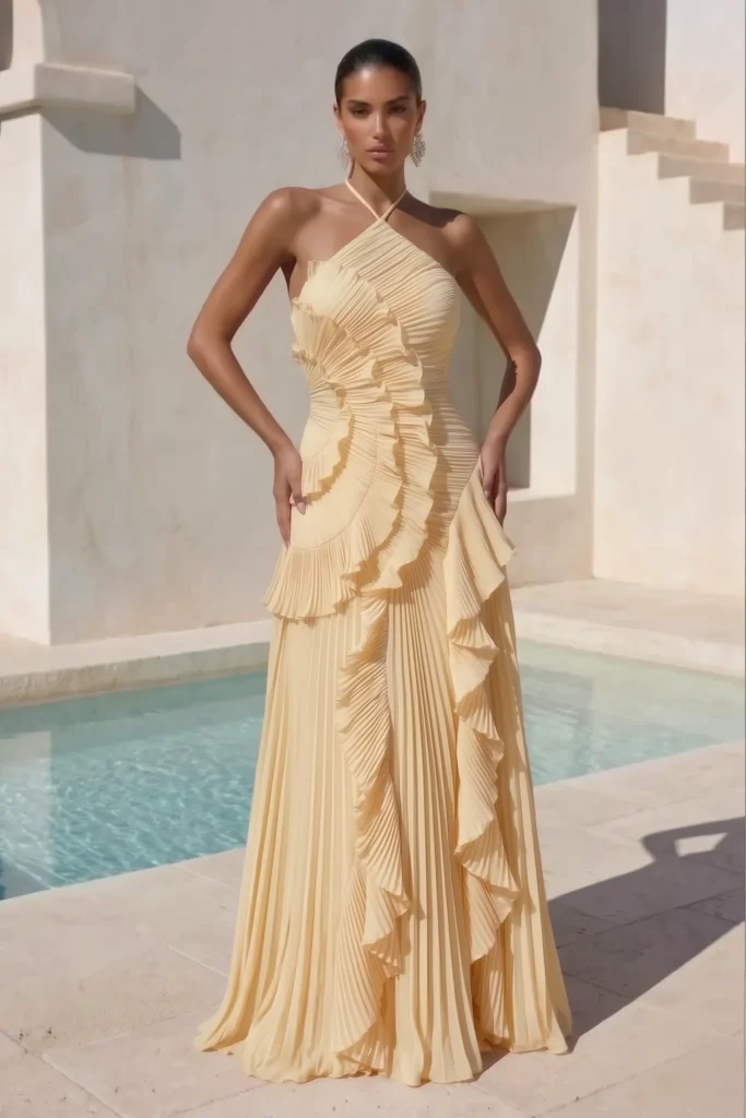 Elegant butter yellow trendy wedding guest dress, with  pleating textures, cascading ruffle tiers and flowing pleated maxi skirt with leg slit, styled with statement jewelry