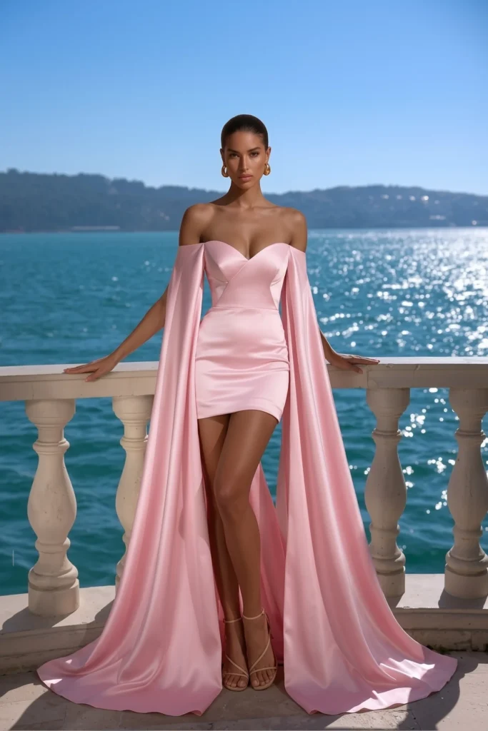 Elegant light pink short wedding guest dress, fitted satin mini and flowing cape overlay, styled with statement gold earrings and metallic sandals for sophisticated cocktail aesthetic