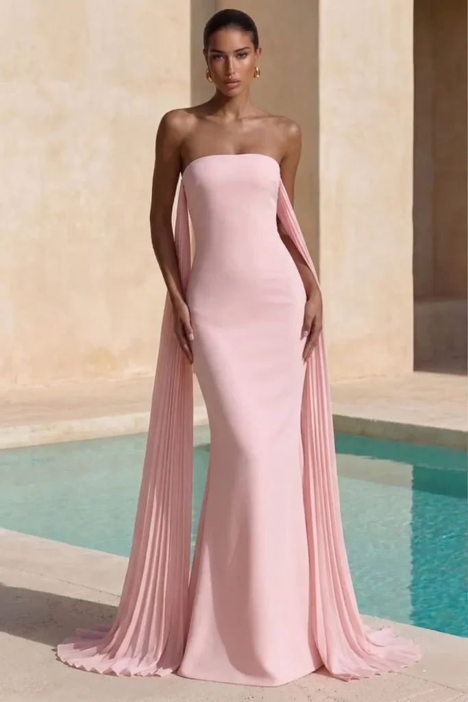 Elegant light pink summer wedding guest dress, sleek strapless column gown with flowing side panels, styled with chunky gold earrings for refined contemporary wedding aesthetic