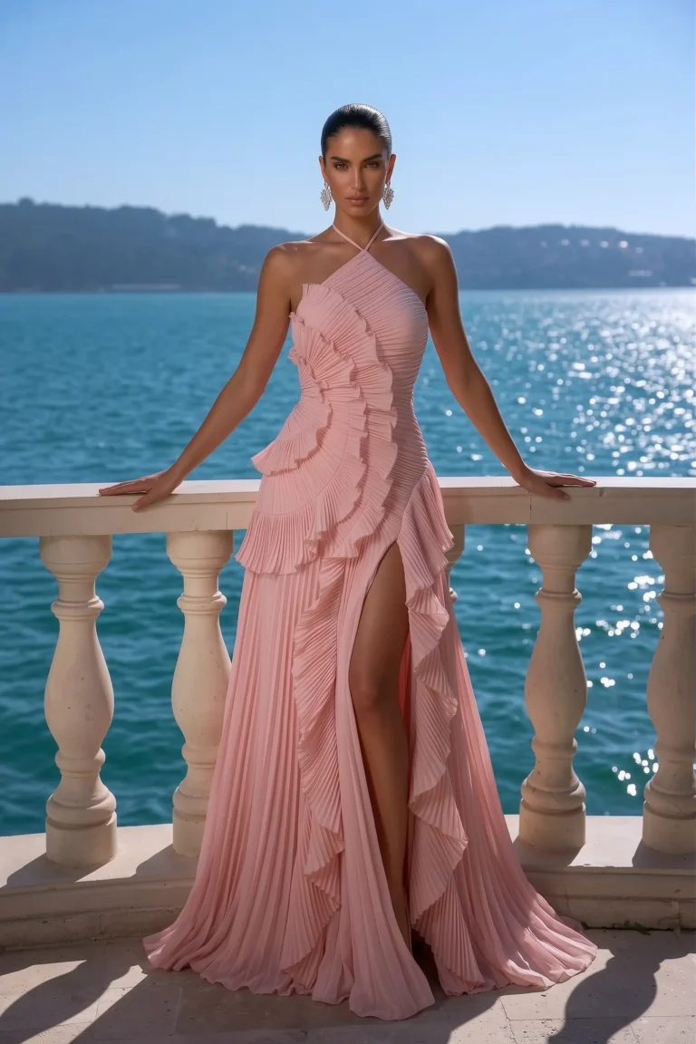 Elegant light pink trendy wedding guest dress, with pleating textures, cascading ruffle tiers and flowing pleated maxi skirt, styled with jewelry for sophisticated wedding aesthetic