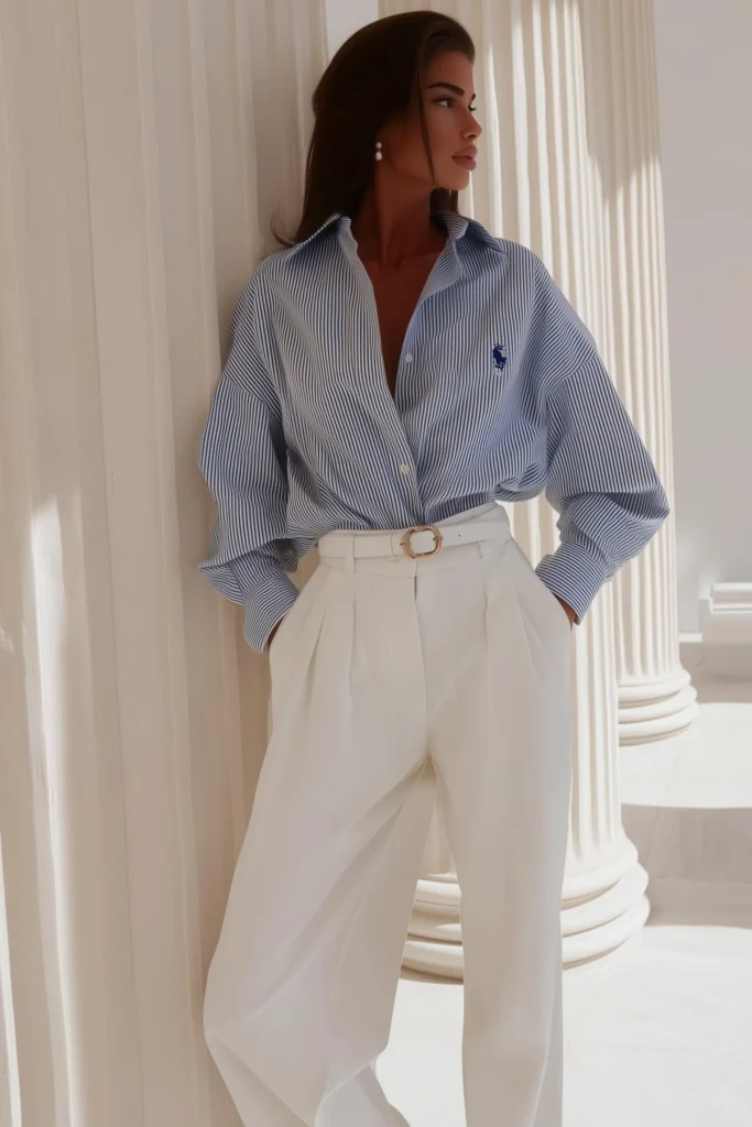 Elegant old money spring outfits showcasing relaxed fit blue striped button-down and white palazzo pants, styled with classic belt for sophisticated casual aesthetic