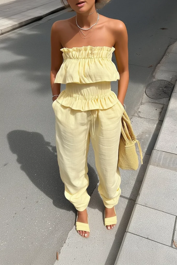 Lemon spring outfits women, pastel yellow linen two-piece set with strapless ruffled crop top and pants, accessorized with necklaces, woven bag and sandals for fresh summer style