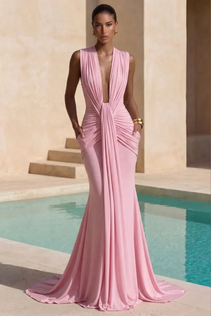 Light Pink Beach Wedding Guest Dress, elegant soft pink sleeveless ruched maxi gown with drape detail and plunge neckline, with sparkling earrings chic wedding fashion