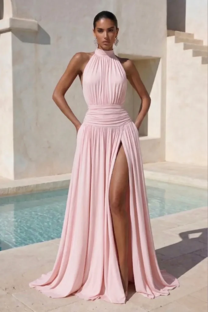 Light pink classy wedding guest dress, halter neckline, ruched waist and flowing floor-length skirt with thigh-high slit, accessorized with statement earrings for sophisticated formal elegance
