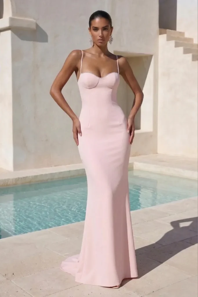 Light pink cocktail wedding guest dress, fitted spaghetti strap gown with sweetheart neckline and pearl trim detail, with statement chandelier earrings for sophisticated formal elegance