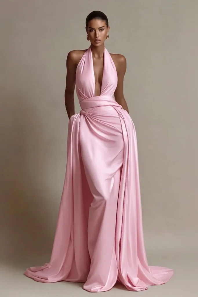 Light pink elegant wedding guest dress, V halter neckline with gathered bodice, fitted waist and maxi skirt with draped detail, with gold earrings for refined wedding aesthetic