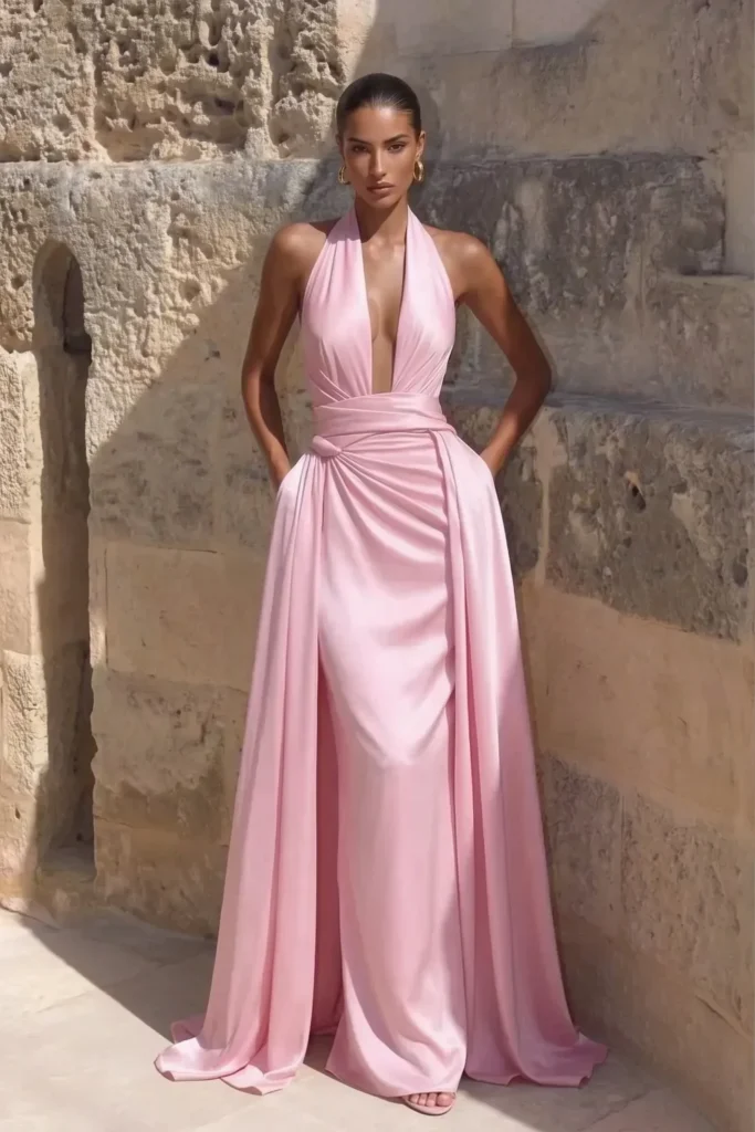 Light pink elegant wedding guest dress, halter neck, wrapped waist detail and flowing floor-length skirt, side draping,  with gold hoop earrings and strappy heels for sophisticated formal elegance