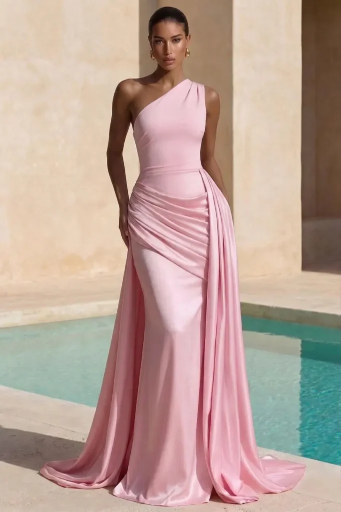 Light pink elegant wedding guest dress, one-shoulder with draped bodice detail and flowing floor-length skirt with draping, accessorized with gold hoop earrings for sophisticated formal style