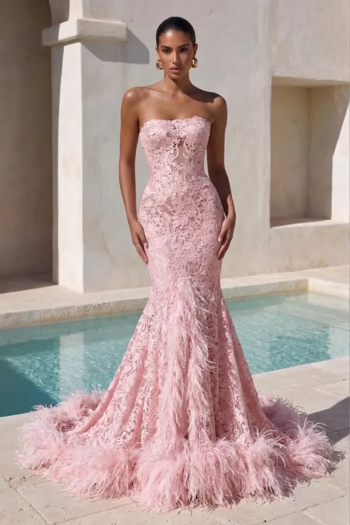 Light pink elegant wedding guest dress, strapless sweetheart neckline with lace and mermaid silhouette with feather-trimmed hem, accessorized with gold earrings for glamorous formal elegance.