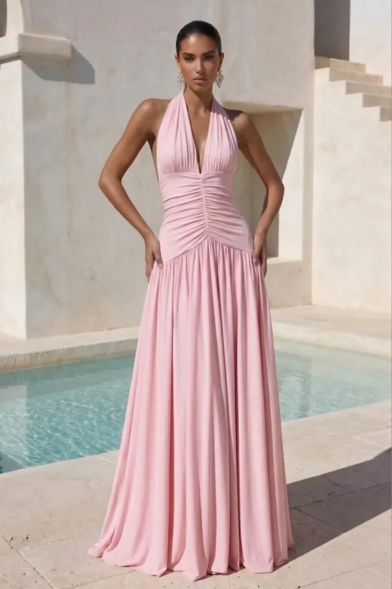 Light pink spring wedding guest dress, sleeveless fitted bodice with floor-length pleated skirt, accessorized with silver statement cuff bracelet and hoop earrings for elegant formal style