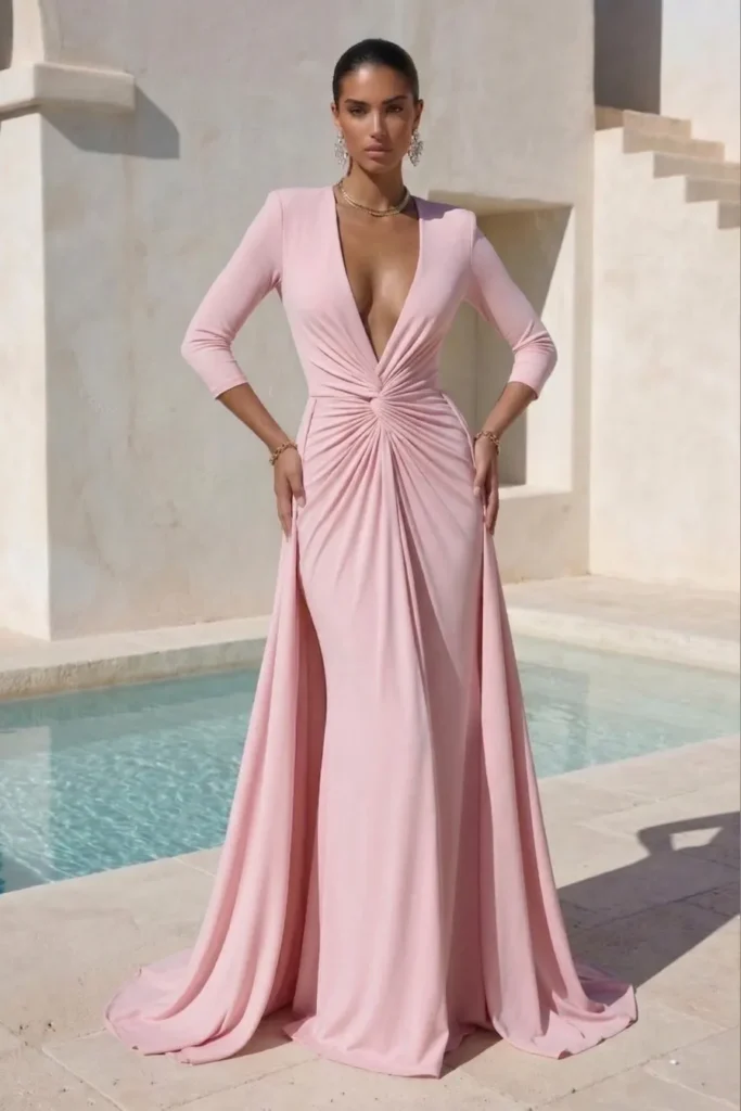 Light pink long sleeve wedding guest dress pink three-quarter sleeve V-neck maxi gown with a gorgeous twisted knot waist and flowing A-line skirt, breathtakingly elegant wedding style