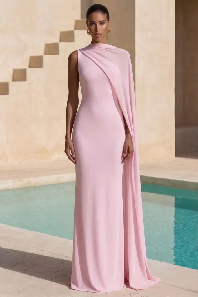 Light pink pastel wedding guest dress, high neckline with  one-shoulder cape detail and fitted floor-length silhouette, with gold hoop earrings for sophisticated formal elegance