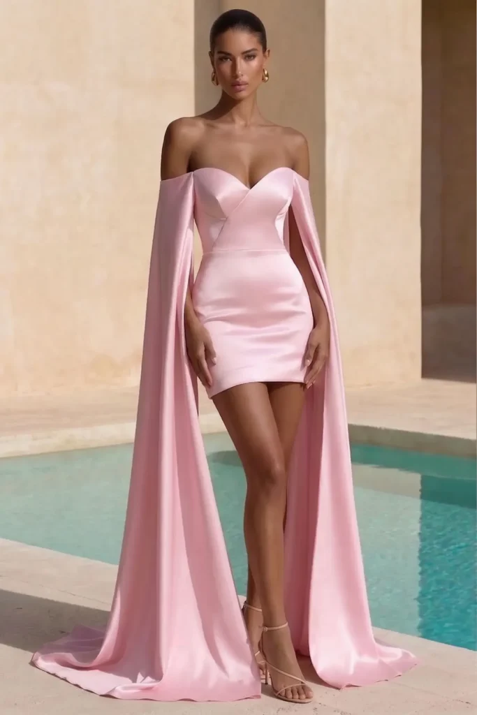 Light pink short wedding guest dress, strapless sweetheart neckline mini dress with floor-length cape sleeves, accessorized with gold hoop earrings and strappy heels for glamorous formal style.