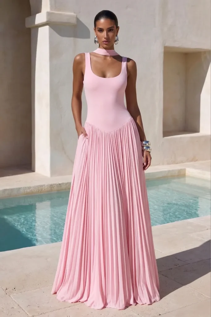 Light pink spring wedding guest dress, sleeveless fitted bodice with floor-length pleated skirt, accessorized with silver statement cuff bracelet and hoop earrings for elegant formal style