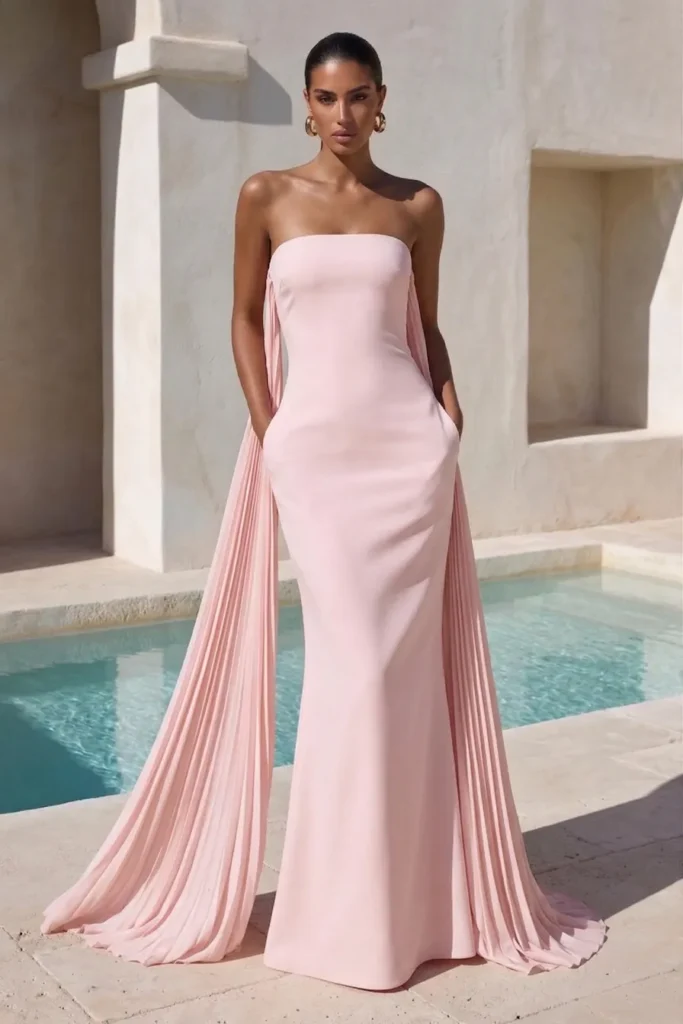 Light pink summer wedding guest dress, strapless fitted silhouette with floor-length pleated cape sleeves, accessorized with gold statement hoop earrings for sophisticated formal elegance