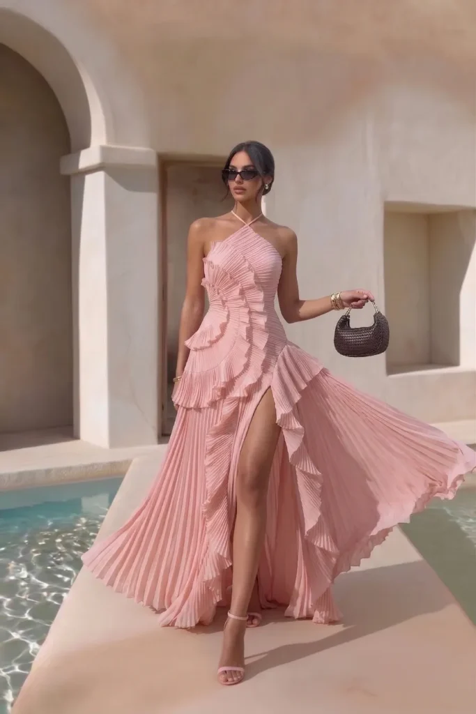 Light pink trendy wedding guest dress   halter neckline, tiered ruffle details and floor-length skirt, accessorized with black sunglasses, gold jewelry,  handbag and heels for glamorous formal style