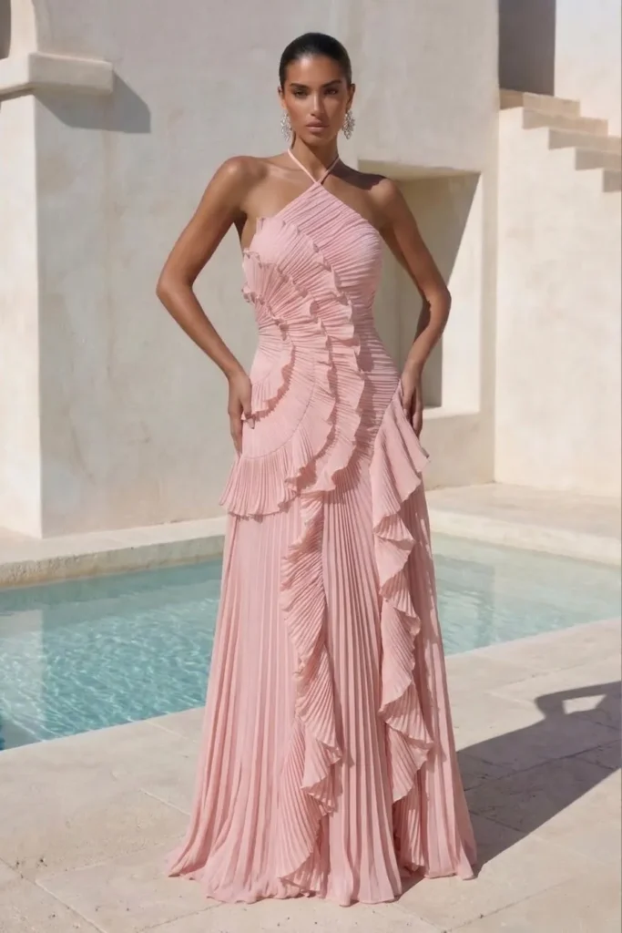 Light pink trendy wedding guest dress, halter neckline with  straps,  tiered ruffle details and floor-length pleated skirt,  with crystal chandelier earrings  for glamorous formal style