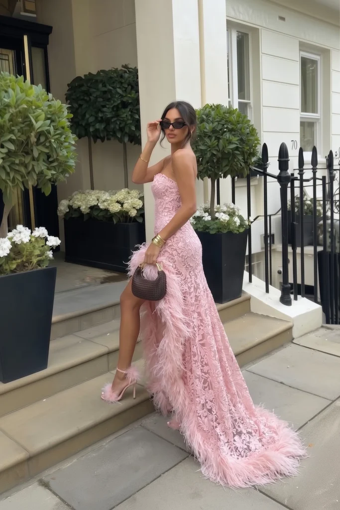 Light pink trendy wedding guest dress, pink strapless lace mermaid gown with a gorgeous  feather train, styled with  cat-eye sunglasses, feather-trimmed heels and a   bag, elegant wedding fashion
