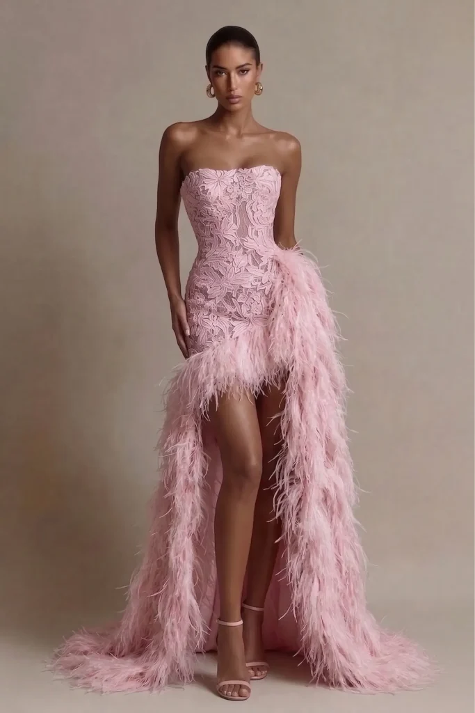 Light pink trendy wedding guest dress,   pink strapless lace sweetheart  gown with a ostrich feather skirt and  floor-length train, elegant gold  earrings and   heels,  glamorous wedding guest fashion