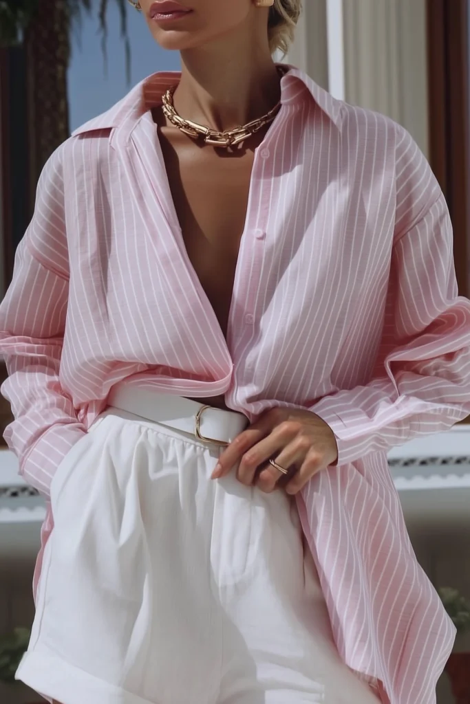 Pink casual spring outfits, gorgeous oversized pink and white pinstripe shirt elegantly styled with white shorts and a chic white leather belt, effortlessly trendy warm-weather women's fashion