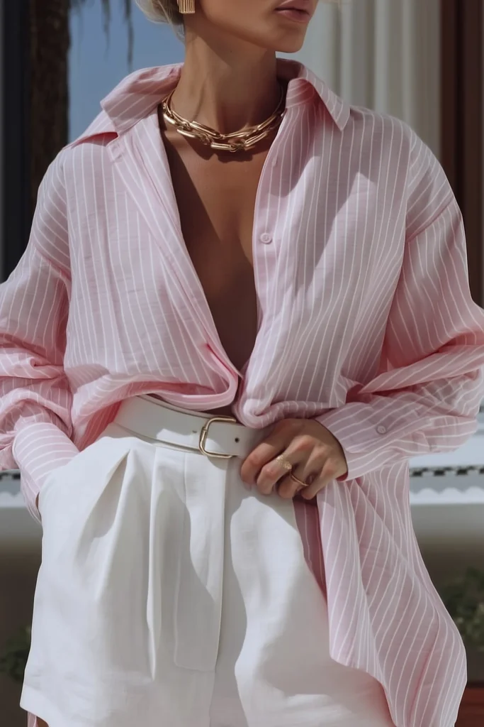 Pink casual spring outfits inspiration, relaxed fit pink pinstripe oversized shirt, with white shorts and a white belt, with a gold chain necklace and delicate gold rings, chic Spring style
