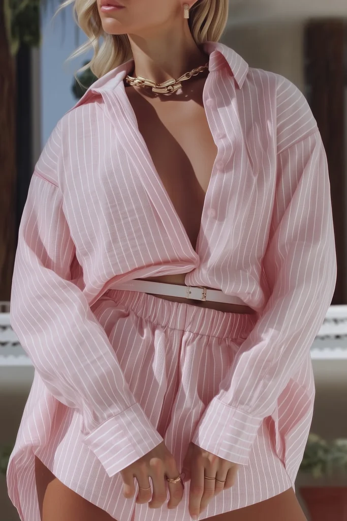 Pink casual spring outfits, stunning pink and white pinstripe shirt, a chic co-ord set, beautifully accessorised with a gold chain necklace and gold rings, effortlessly glamorous warm-weather fashion