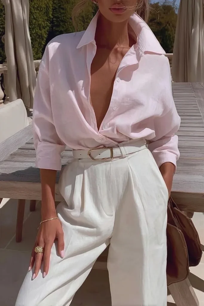 Pink old money Spring Outfits, blush pink oversized cotton shirt, with white wide-leg trousers and a white leather belt, chic minimalist women's seasonal fashion