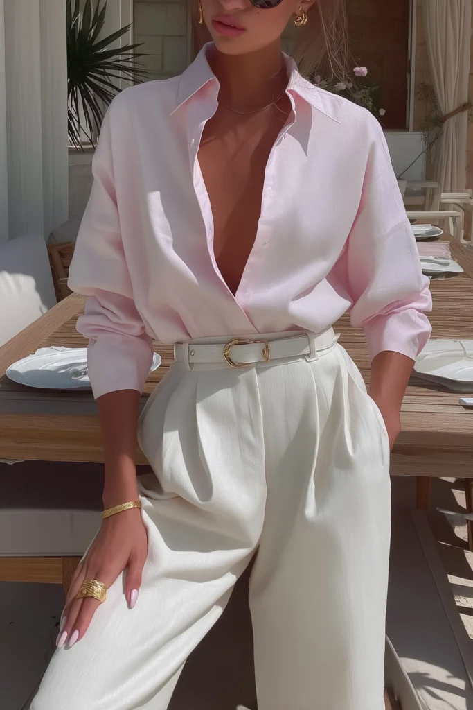 Pink old money Spring Outfits idea for women, oversized pastel pink shirt with white wide-leg tailored pants, accessorised with a belt and gold jewellery, timeless European aesthetic