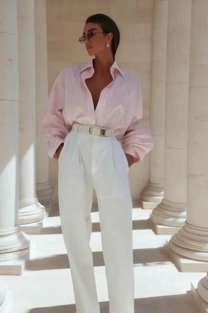 Pink old money Spring Outfits inspiration, relaxed fit light pink shirt with white wide-leg trousers, white leather belt and white clutch bag, classic sophisticated women's warm-weather style