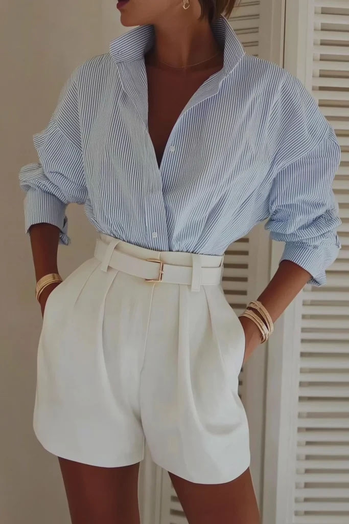 Sophisticated blue casual spring outfits classic blue striped oxford shirt and white bermuda shorts with statement belt, photographed against classical columns for refined European look.