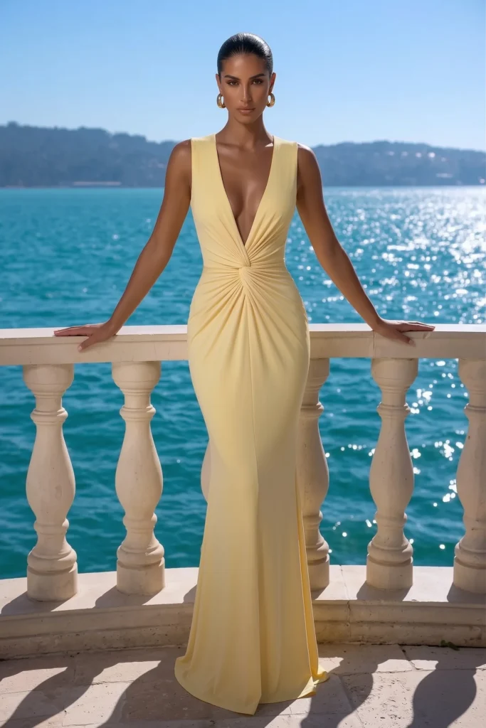 Sophisticated butter yellow beach wedding guest dress, sleeveless gathered bodice and floor-sweeping fitted skirt with train, complete with gold accessories for timeless formal beach style