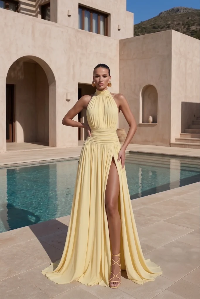 Sophisticated butter yellow classy wedding guest dress, halter neckline with gathered fabric detail, cinched ruched waist, floor-sweeping gown, complete with earrings for timeless formal style
