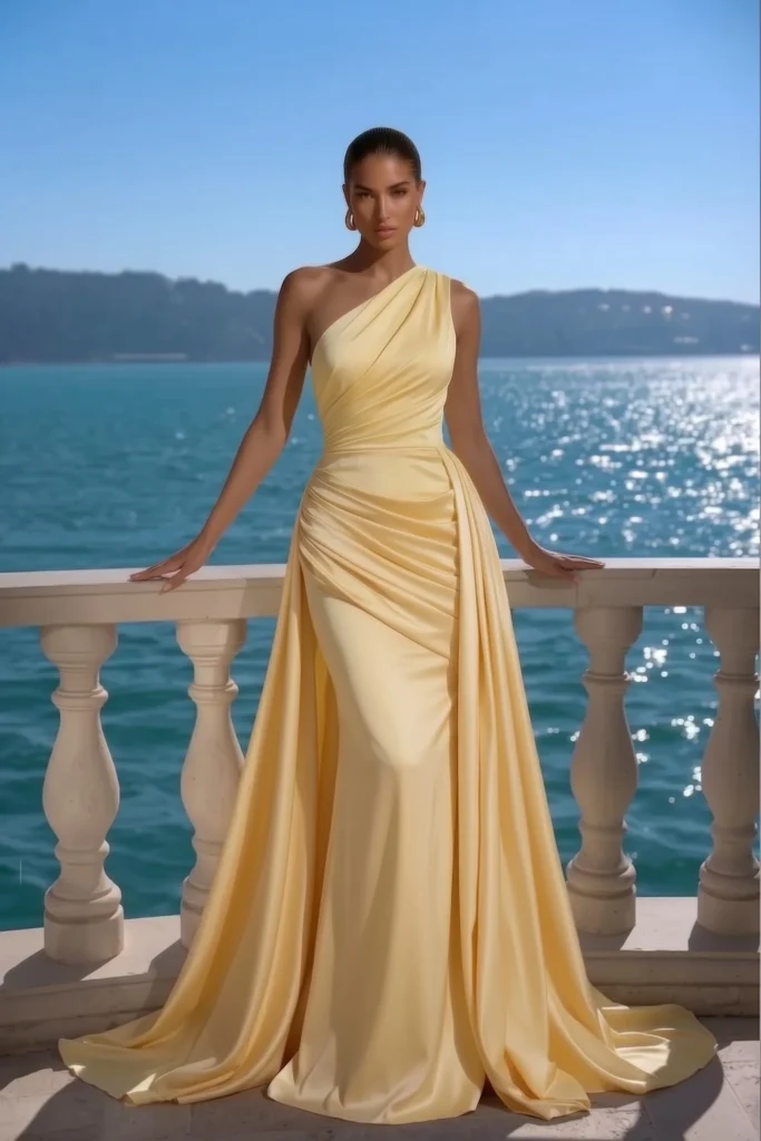 Sophisticated butter yellow elegant wedding guest dress, one-shoulder design with pleated bodice and floor-sweeping column silhouette, side panel detail, with gold jewelry for formal style