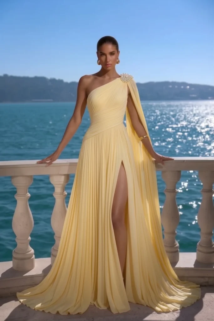 Sophisticated butter yellow formal wedding guest dress, one-shoulder design with draped detail and pearl embellishment, fitted ruched bodice and flowing gown for refined evening elegance