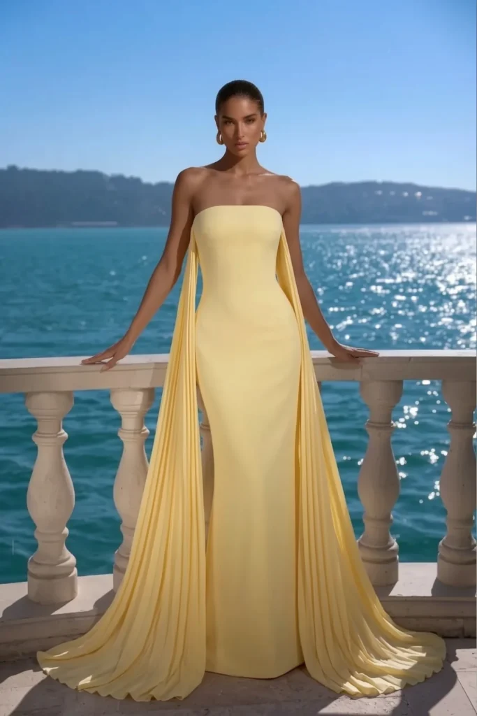 Sophisticated butter yellow summer wedding guest dress, fitted strapless bodice with pleated drape sleeves and floor-sweeping silhouette, complete with gold hoop earrings for timeless formal style