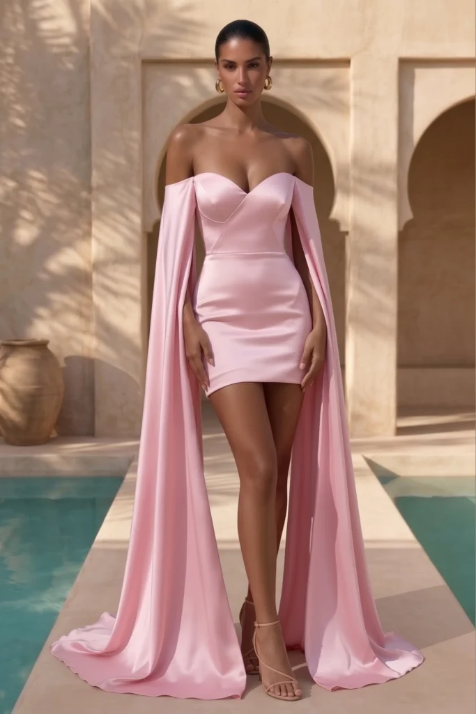 Sophisticated light pink short wedding guest dress, strapless mini dress with sweetheart neckline and  cape detail, complete with gold jewelry and strappy heels for timeless formal elegance