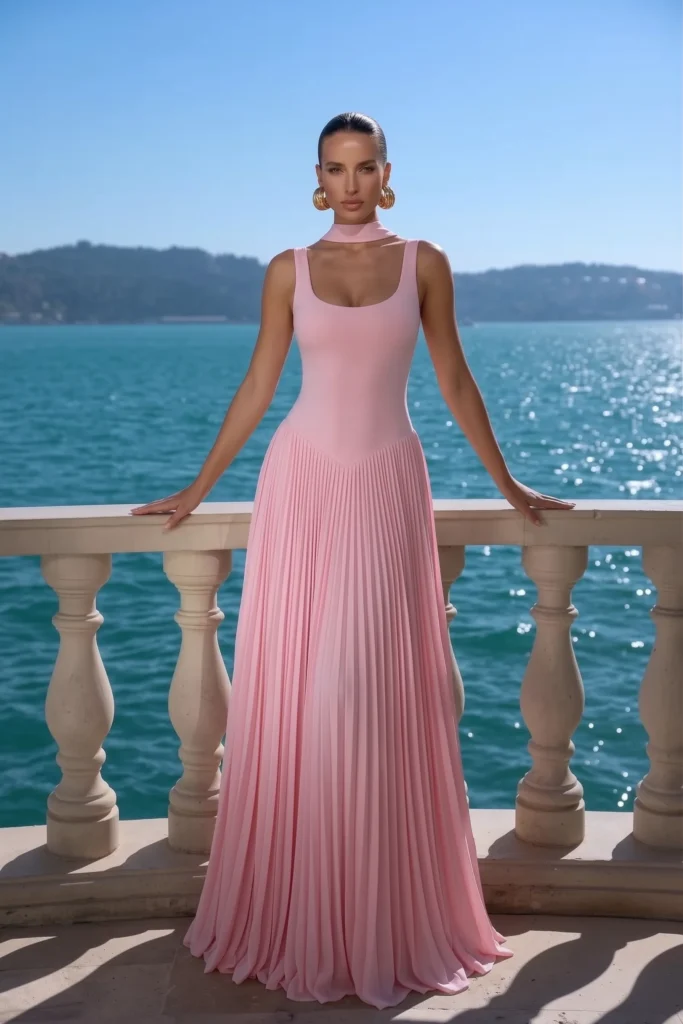 Sophisticated light pink spring wedding guest dress, fitted sleeveless bodice with full-length pleated skirt, complete with silver bangle and earrings for refined wedding elegance