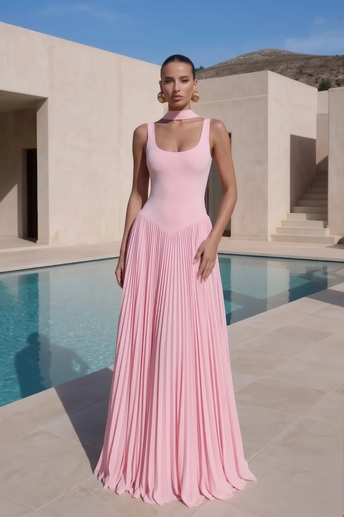 Sophisticated light pink spring wedding guest dress, fitted sleeveless dress and full-length pleated skirt, complete with gold earrings for refined wedding elegance