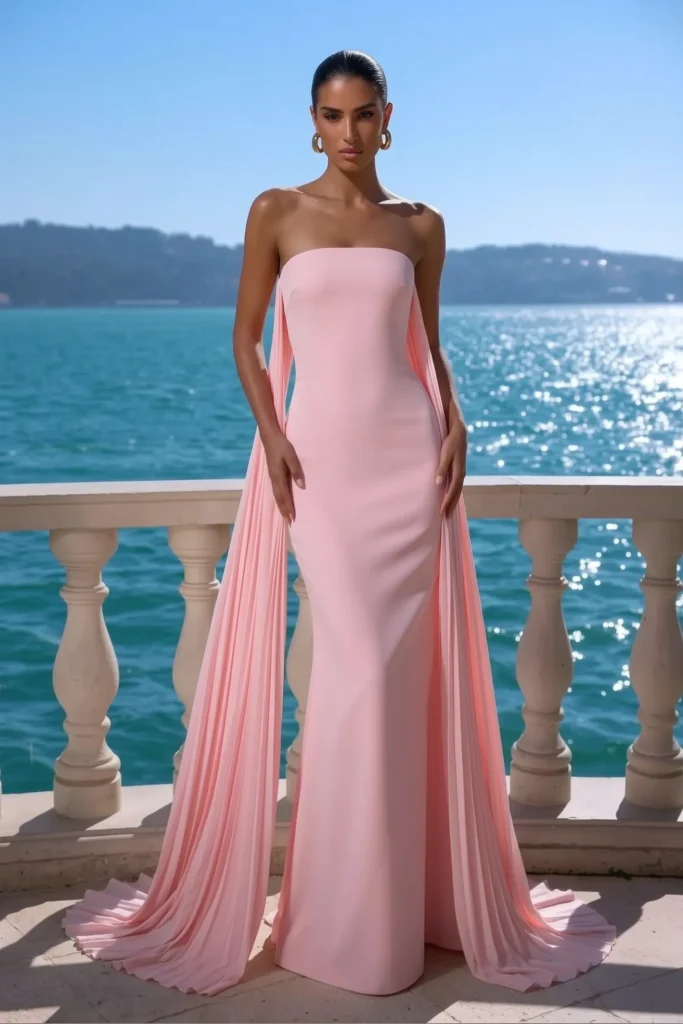 Sophisticated light pink summer wedding guest dress, fitted strapless bodice with  pleated drape sleeves, complete with gold hoop earrings for timeless formal style