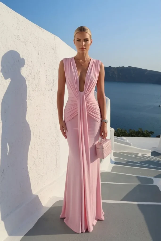 Statement light pink beach wedding guest dress, V-neckline, mermaid skirt, feminine wedding guest look, warm-weather beach wedding, destination celebration, or elegant outdoor poolside summer reception.