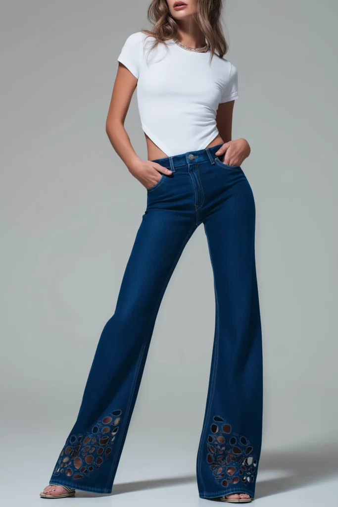 Trendy blue spring outfits, dark wash wide-leg jeans with decorative cutout hem detail with white asymmetric crop top, accessorized with silver statement necklace for casual style